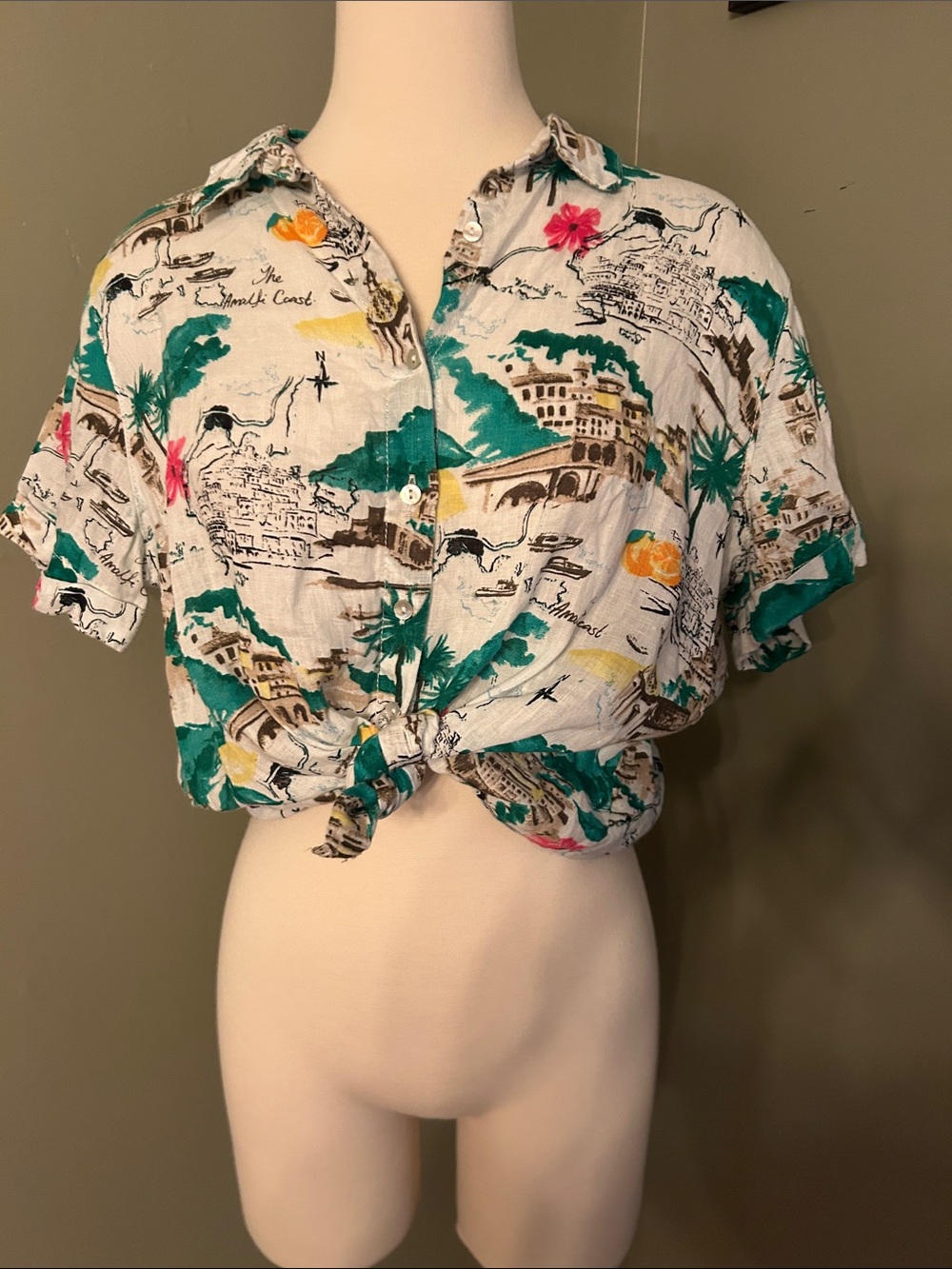 Cynthia Rowley White Linen Shirt with Teal & Pink Tropical Print